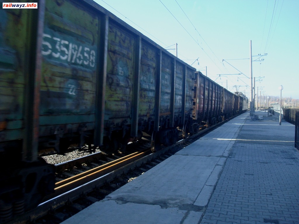 Линия Жмеринка - Подволочиск. Грузовой поезд проходит платформу Вещевой Рынок и следует в сторону станции Гречаны