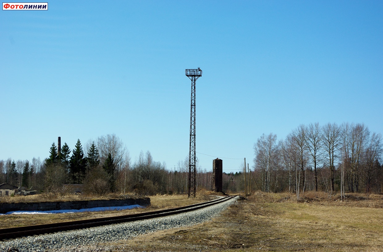 Погрузочная рампа и водонапорная башня в бывшей узкоколейной части станции
