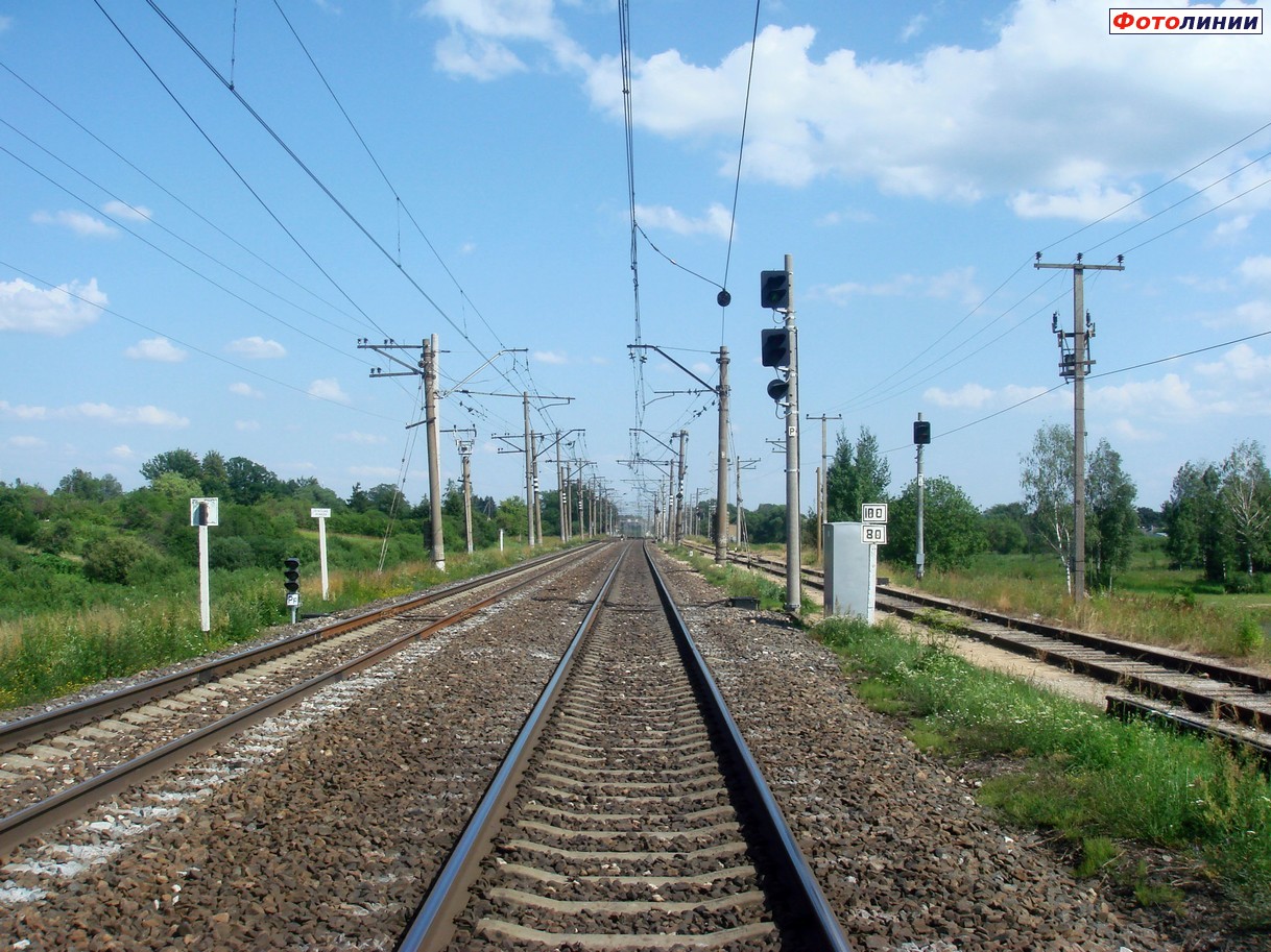 Входные светофоры P и Pp из Шкиротавы и маневровый M6 (справа). Знак Граница станции и знаки ограничения скорости