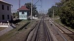 станция Ромодан: Переезд в нечётной (южной) горловине по кременчугскому пути и маневровые светофоры М51, М67: вид на станцию