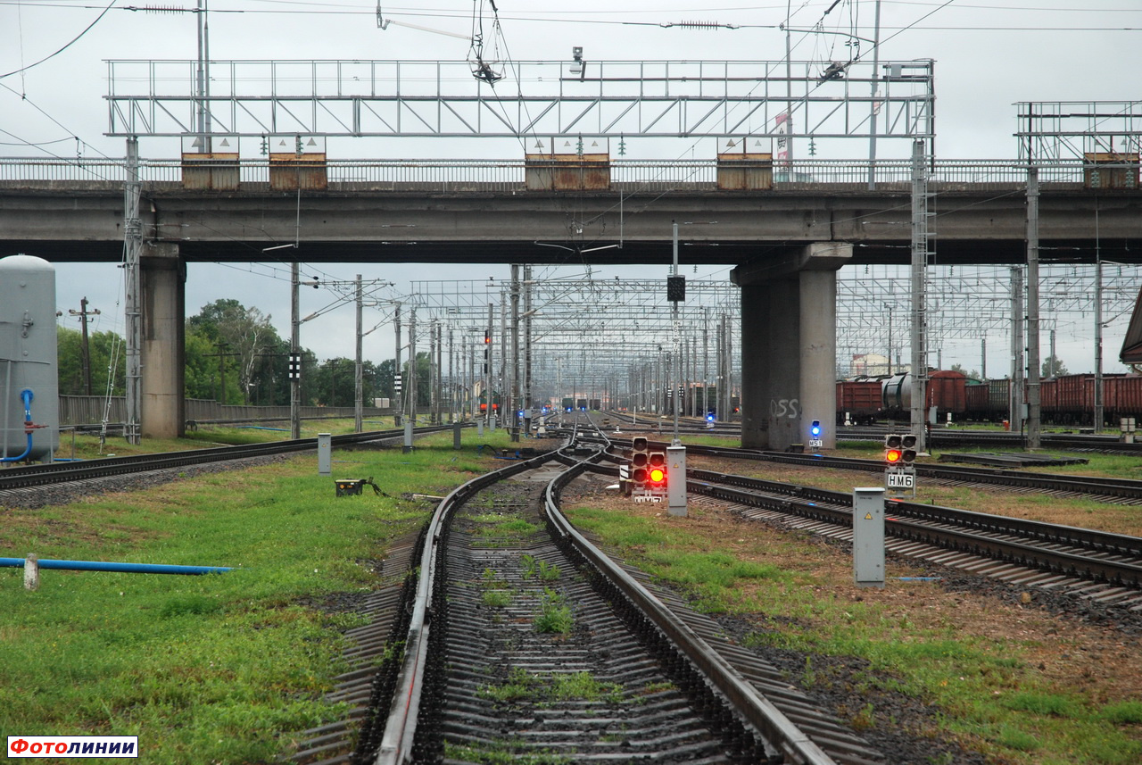 Маршрутные светофоры НМ7 и НМ6, вид в сторону Сортировочного парка станции