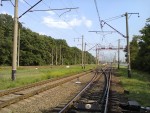 станция Одесса-Застава I: Стрелка на главных путях в северной горловине к югу от Шлюзового парка и ответвление влево — к приемному парку. Вид на юг