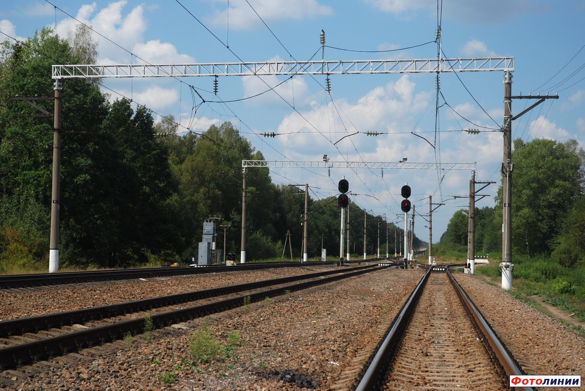 Выходные светофоры Ч3, Ч2 и Ч1 в горловине станции в сторону Жуковки