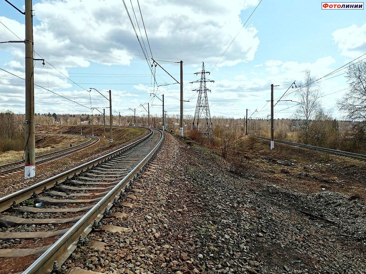 Западная развязка, пути к центральной части станции (слева и в центре) и на ст. Нара (справа), вид на юг